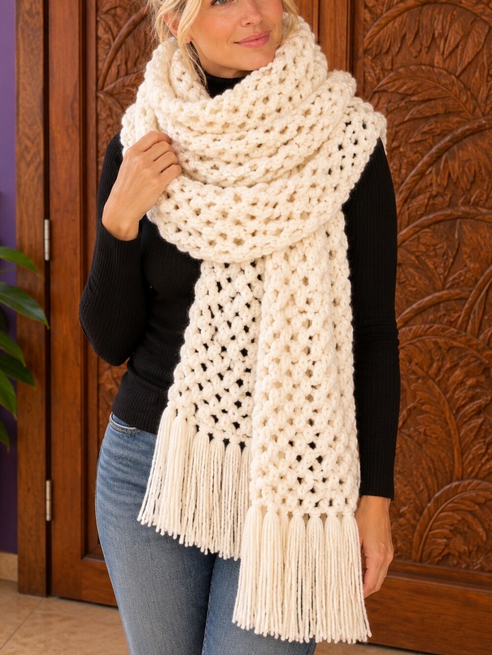XXL Trendy Oversized Chunky Cable Knit Scarf Handmade Ivory Crochet Shawl Wrap